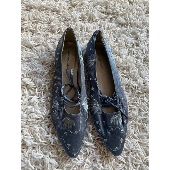 Newport News Shoes - Newport News Flats Shoes Ballet Sequined Blue Satin Embroidered 8.5 M